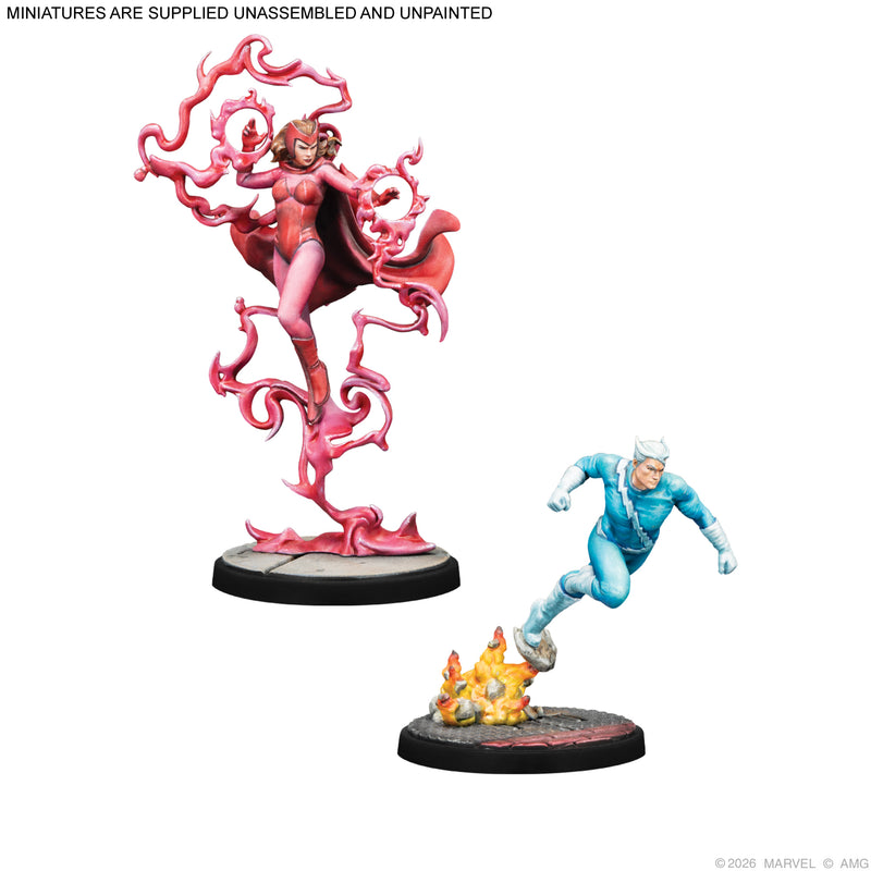 Load image into Gallery viewer, Marvel: Crisis Protocol – Members of the Brotherhood - Scarlet Witch and Quicksilver miniatures displayed with note that miniatures are supplied unassembled and unpainted. 
