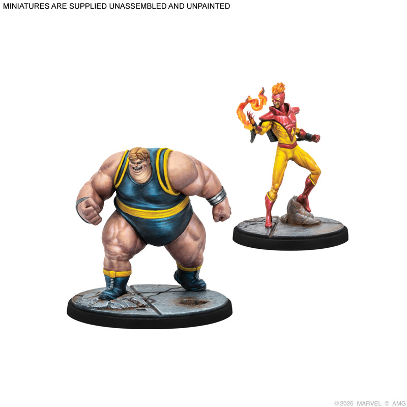 Load image into Gallery viewer, Marvel: Crisis Protocol – Members of the Brotherhood - Blob and Pyro miniatures displayed with note that miniatures are supplied unassembled and unpainted. 
