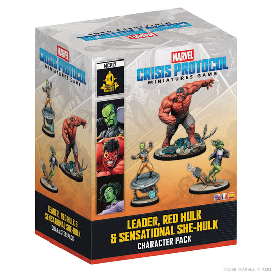Marvel: Crisis Protocol – Leader, Red Hulk & Sensational She-Hulk - Front of box with images of Red Hulk, She-Hulk, and Leader miniatures.