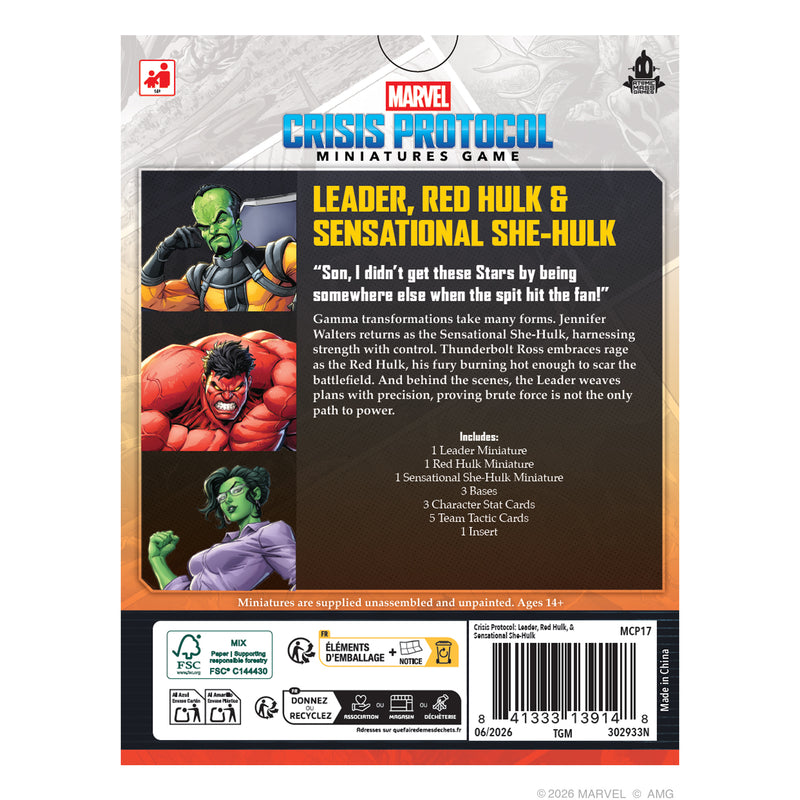Load image into Gallery viewer, Marvel: Crisis Protocol – Leader, Red Hulk &amp; Sensational She-Hulk - Back of box with game description, contents list, and barcode.
