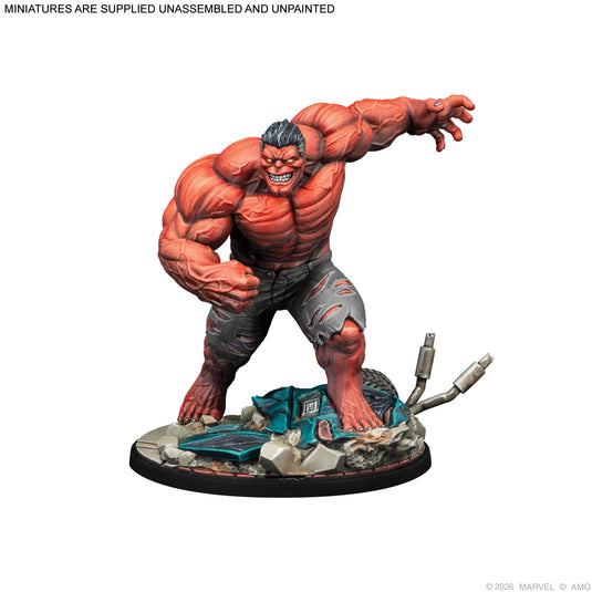 Marvel: Crisis Protocol – Leader, Red Hulk & Sensational She-Hulk - View of painted and assembled Red Hulk miniature with note that miniatures are supplied unassembled and unpainted. 