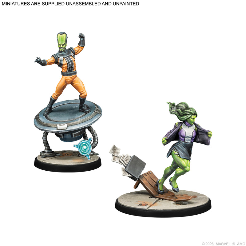 Load image into Gallery viewer, Marvel: Crisis Protocol – Leader, Red Hulk &amp; Sensational She-Hulk - Leader and She-Hulk miniatures displayed with note that miniatures are supplied unassembled and unpainted. 
