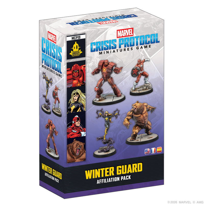Load image into Gallery viewer, Marvel: Crisis Protocol – Winter Guard - Front of packaging with images of Marvel character miniatures. 
