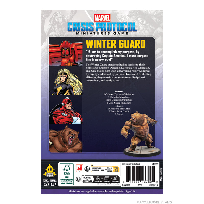 Load image into Gallery viewer, Marvel: Crisis Protocol – Winter Guard - Back of packaging with overview, contents list, and barcode. 

