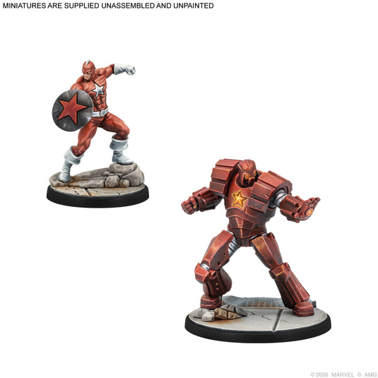 Marvel: Crisis Protocol – Winter Guard - Crimson Dynamo and Red Guardian miniatures displayed with note that miniatures are supplied unassembled and unpainted. 