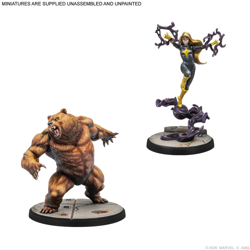 Load image into Gallery viewer, Marvel: Crisis Protocol – Winter Guard - Dark Star and Ursa Major miniatures displayed with note that miniatures are supplied unassembled and unpainted. 
