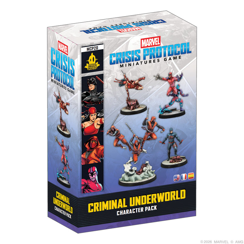 Load image into Gallery viewer, Marvel Crisis Protocol – Criminal Underworld - Front of box with images of Shadowland Daredevil, Elektra, Klaw, and Hand Ninjas miniatures.
