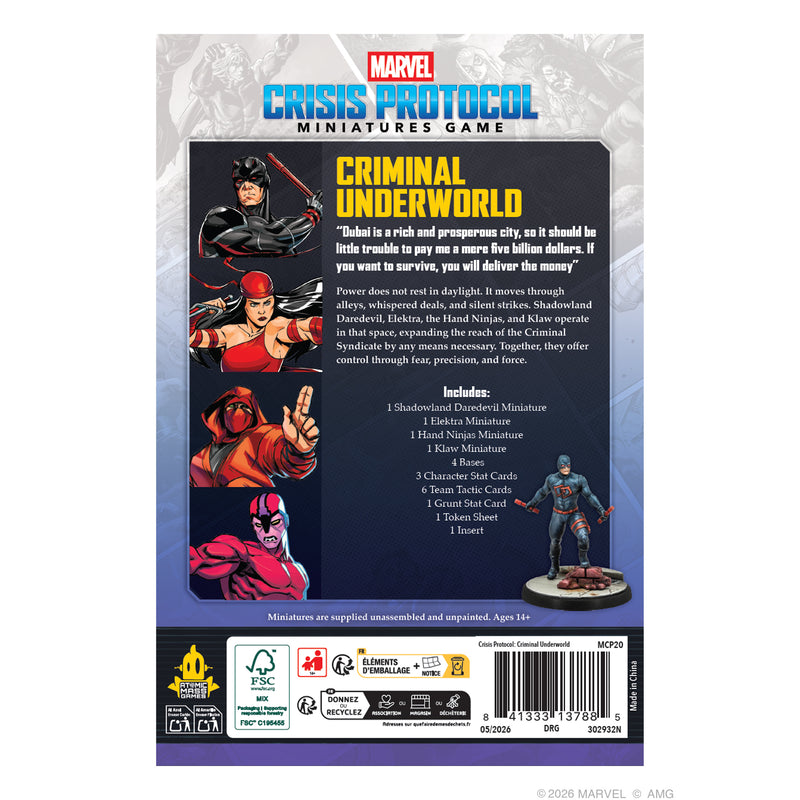 Load image into Gallery viewer, Marvel Crisis Protocol – Criminal Underworld - Back of box with game overview, image of Daredevil miniature, and barcode. 
