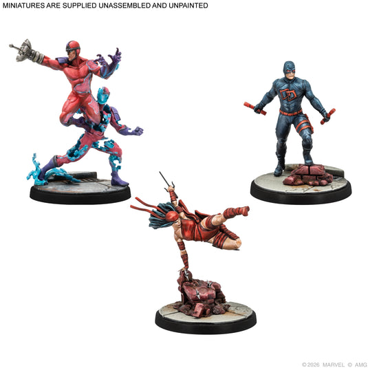 Marvel Crisis Protocol – Criminal Underworld - Shadowland Daredevil, Elektra and Klaw miniatures displayed with note that miniatures are supplied unassembled and unpainted. 