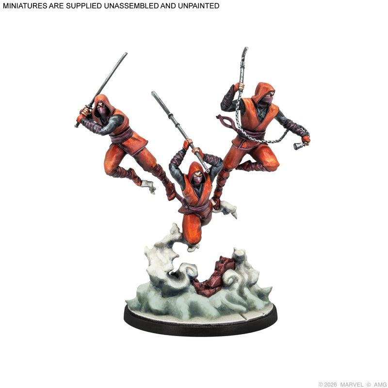 Load image into Gallery viewer, Marvel Crisis Protocol – Criminal Underworld - Painted Hand Ninjas miniature displayed with note that miniatures are supplied unassembled and unpainted. 
