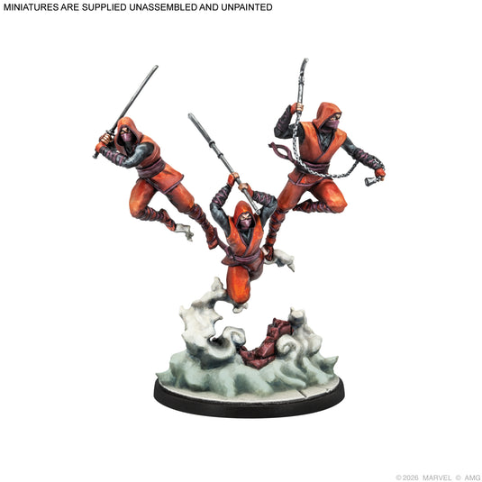 Marvel Crisis Protocol – Criminal Underworld - Painted Hand Ninjas miniature displayed with note that miniatures are supplied unassembled and unpainted. 