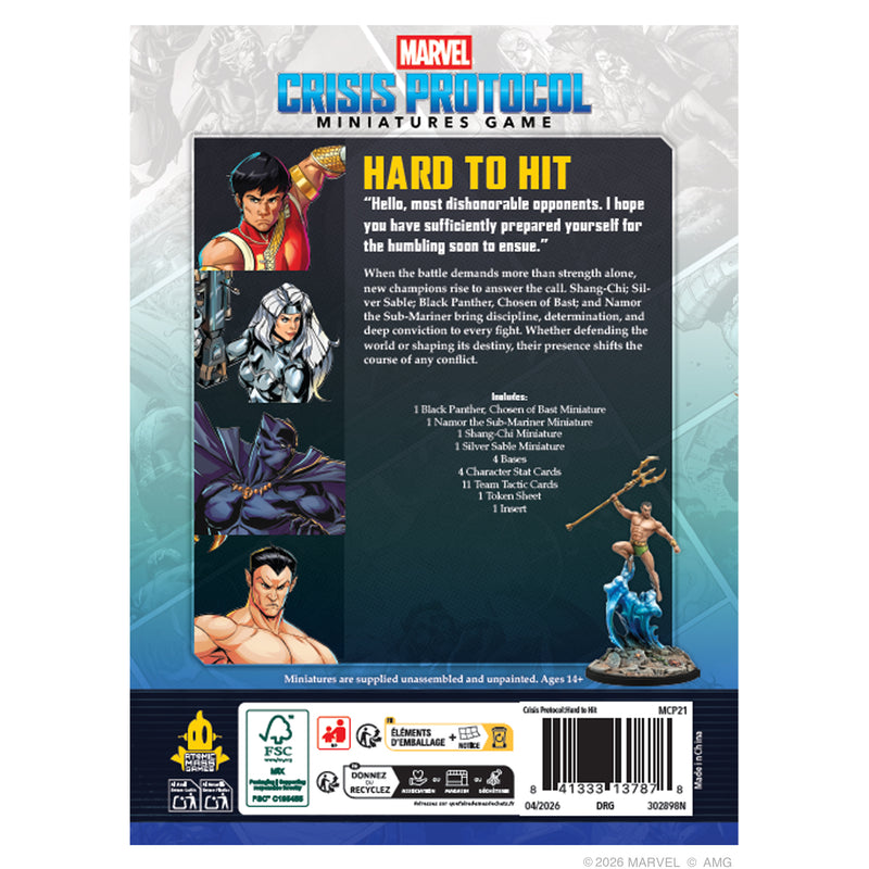 Load image into Gallery viewer, Marvel: Crisis Protocol – Hard to Hit - Back of box with overview and contents list. 
