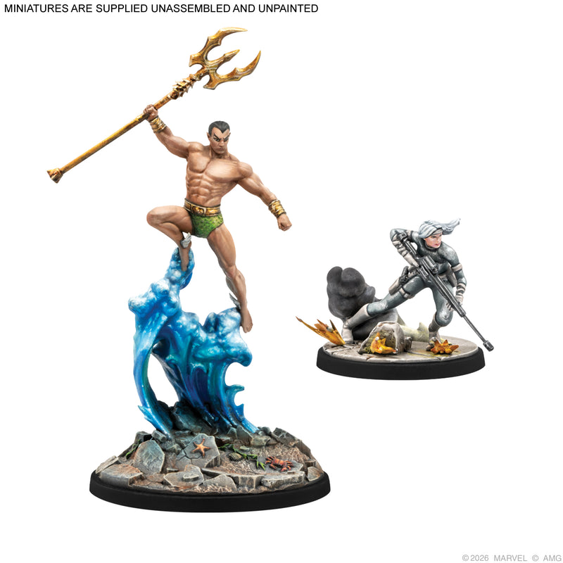 Load image into Gallery viewer, Marvel: Crisis Protocol – Hard to Hit - Namor and Silver Sable miniatures displayed with note that miniatures are supplied unassembled and unpainted. 
