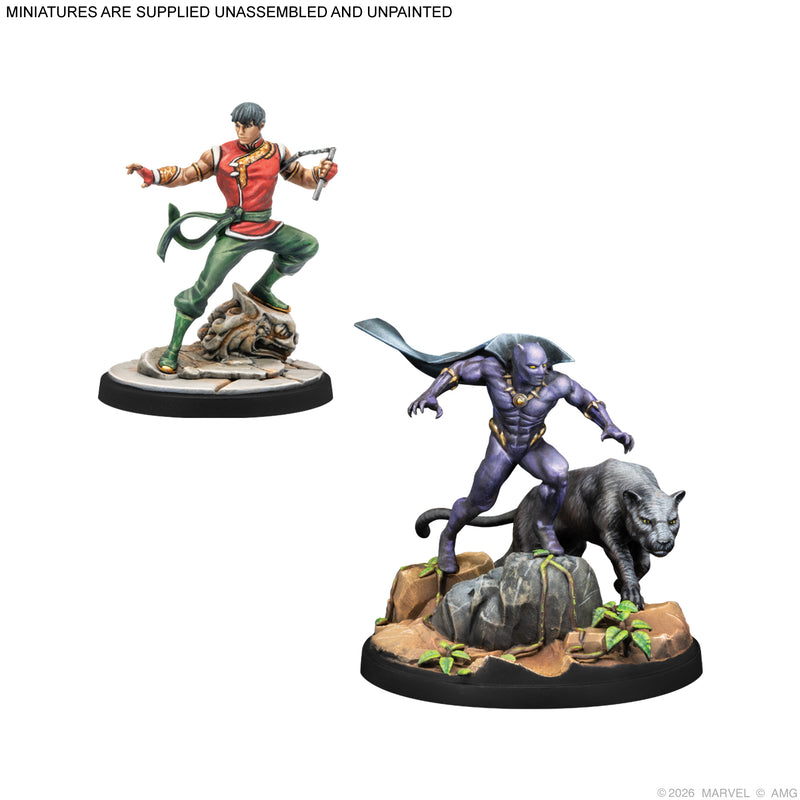 Load image into Gallery viewer, Marvel: Crisis Protocol – Hard to Hit - Shang-Chi and Black Panther miniatures displayed with note that miniatures are supplied unassembled and unpainted. 
