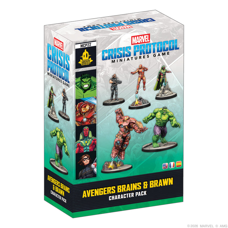 Load image into Gallery viewer, Marvel Crisis Protocol – Avengers Brains &amp; Brawn Character Pack - Front of box featuring images of painted Hulk, Hulkbuster, Vision, and Winter Soldier miniatures.
