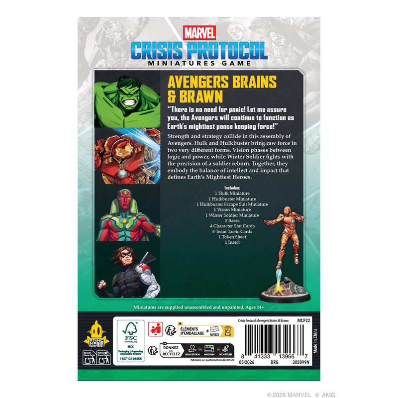 Load image into Gallery viewer, Marvel Crisis Protocol – Avengers Brains &amp; Brawn Character Pack - Back of packaging with game overview, contents list, and image of Hulkbuster Escape Suite miniature.
