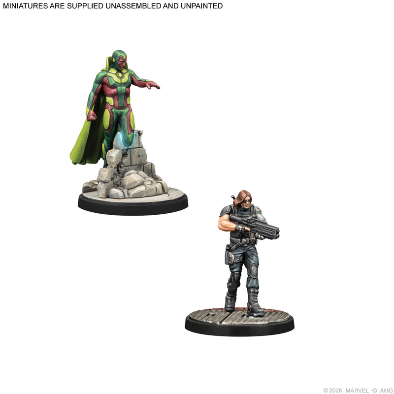 Load image into Gallery viewer, Marvel Crisis Protocol – Avengers Brains &amp; Brawn Character Pack - Vision and Winter Soldier miniatures displayed with note that miniatures are supplied unassembled and unpainted. 
