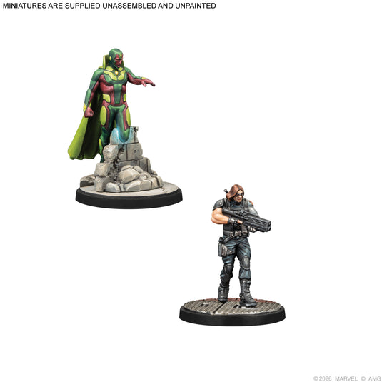 Marvel Crisis Protocol – Avengers Brains & Brawn Character Pack - Vision and Winter Soldier miniatures displayed with note that miniatures are supplied unassembled and unpainted. 