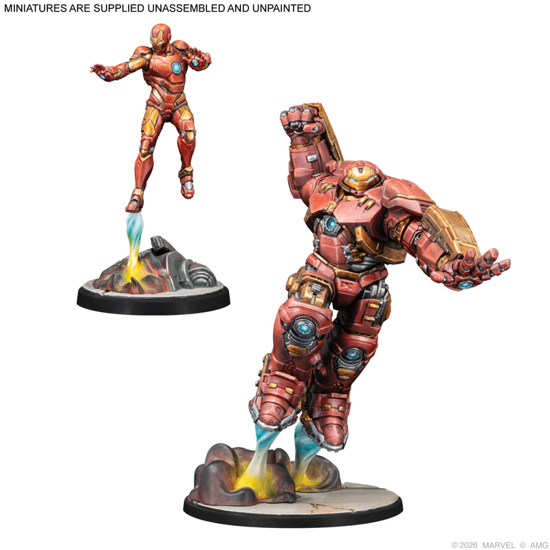 Load image into Gallery viewer, Marvel Crisis Protocol – Avengers Brains &amp; Brawn Character Pack - Hulkbuster and Hulkbuster Escape Suite miniatures displayed with note that miniatures are supplied unassembled and unpainted. 
