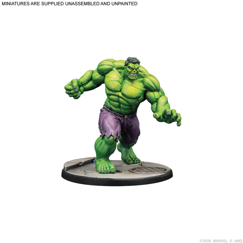 Load image into Gallery viewer, Marvel Crisis Protocol – Avengers Brains &amp; Brawn Character Pack - Painted Hulk miniature displayed with note that miniatures are supplied unassembled and unpainted. 
