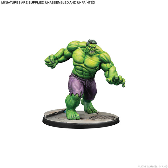 Marvel Crisis Protocol – Avengers Brains & Brawn Character Pack - Painted Hulk miniature displayed with note that miniatures are supplied unassembled and unpainted. 