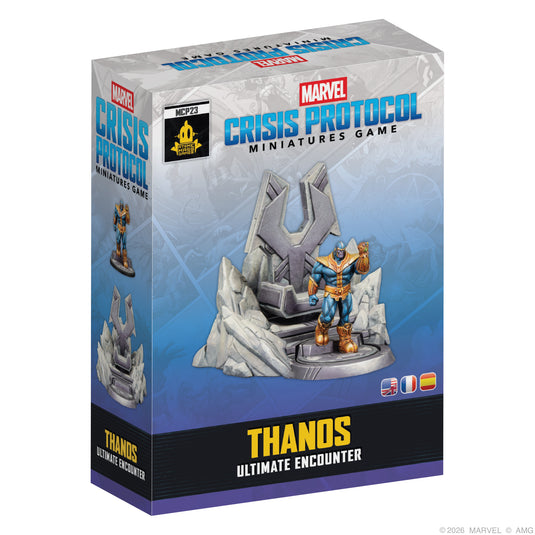Marvel: Crisis Protocol – Thanos Ultimate Encounter - Front of box featuring image of Thanos miniature and throne miniature. 