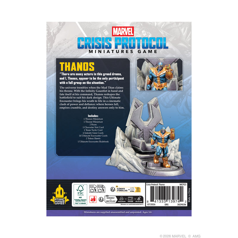 Load image into Gallery viewer, Marvel: Crisis Protocol – Thanos Ultimate Encounter - Back of box with game description, contents list, and image of Thanos miniature and throne miniature. 
