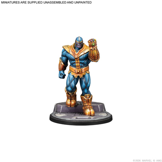 Marvel: Crisis Protocol – Thanos Ultimate Encounter - View of painted and assembled Thanos miniature with note that miniatures are supplied unassembled and unpainted.