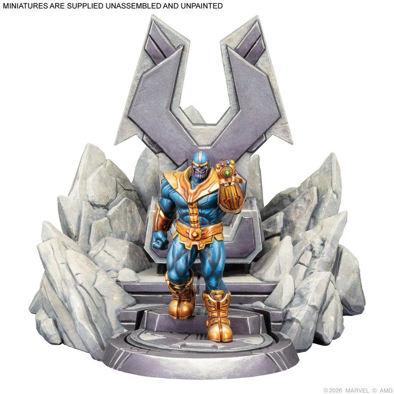 Load image into Gallery viewer, Marvel: Crisis Protocol – Thanos Ultimate Encounter - View of Thanos miniature standing on top of Throne miniature with note that miniatures are supplied unassembled and unpainted. 
