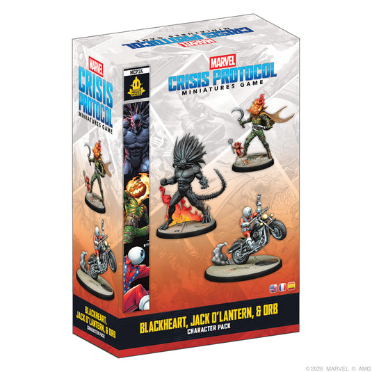 Marvel: Crisis Protocol – Blackheart, Jack O'Lantern, & Orb - Front of packaging featuring images of Blackheart, Jack O'Lantern, and Orb miniatures.