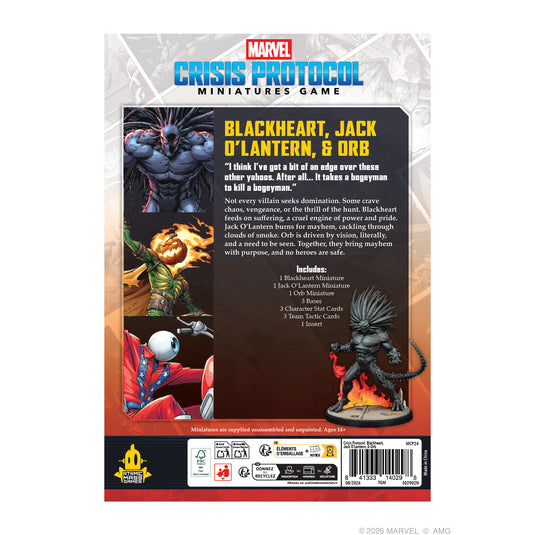 Marvel: Crisis Protocol – Blackheart, Jack O'Lantern, & Orb - Back of box with game description, contents list, barcode, and image of Blackheart miniature. 