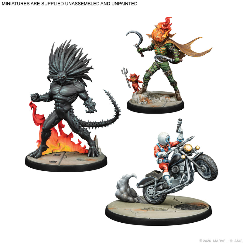 Load image into Gallery viewer, Marvel: Crisis Protocol – Blackheart, Jack O'Lantern, &amp; Orb - Three miniatures displayed. Note states miniatures are supplied unassembled and unpainted.
