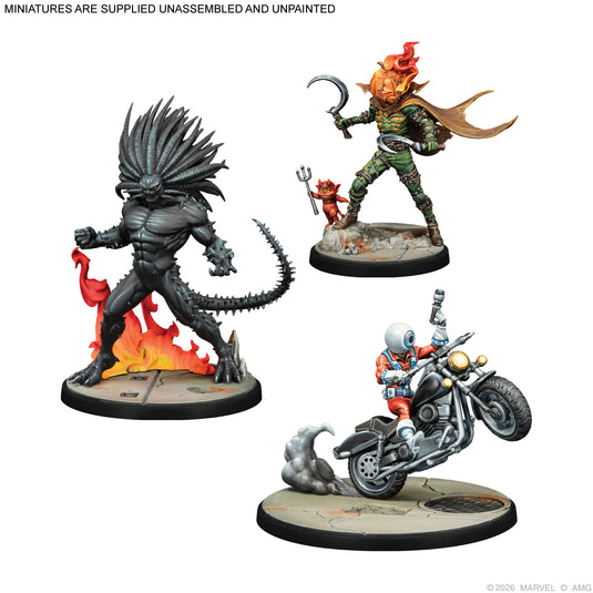 Marvel: Crisis Protocol – Blackheart, Jack O'Lantern, & Orb - Three miniatures displayed. Note states miniatures are supplied unassembled and unpainted.