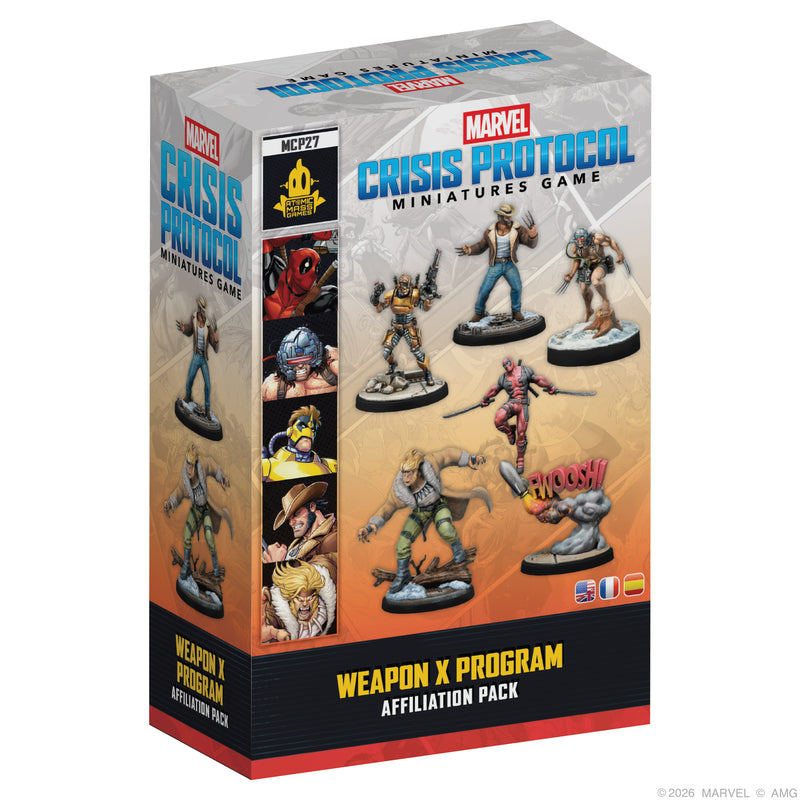 Load image into Gallery viewer, Marvel: Crisis Protocol – Weapon X Affiliation Pack - Front of box with images of character miniatures including Deadpool and Wolverine. 
