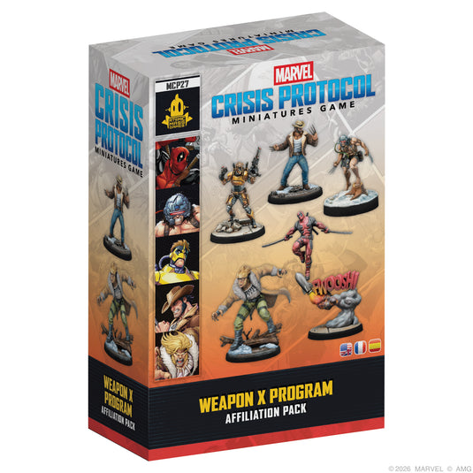 Marvel: Crisis Protocol – Weapon X Affiliation Pack - Front of box with images of character miniatures including Deadpool and Wolverine. 