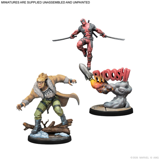 Marvel: Crisis Protocol – Weapon X Affiliation Pack - Deadpool and Sabretooth miniatures displayed with note that miniatures are supplied unassembled and unpainted.