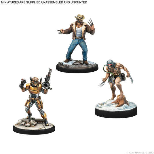 Marvel: Crisis Protocol – Weapon X Affiliation Pack - Wolverine, Weapon X, and Maverick character miniatures displayed with note that miniatures are supplied unassembled and unpainted. 
