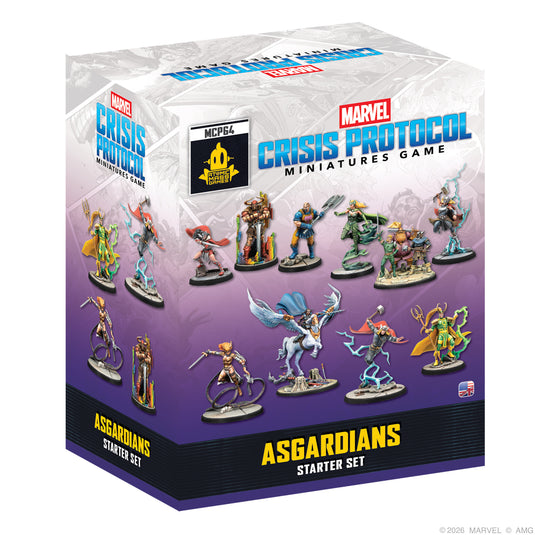 Marvel: Crisis Protocol – Asgardians Starter Set - front of box with images of Asgardians character miniatures.