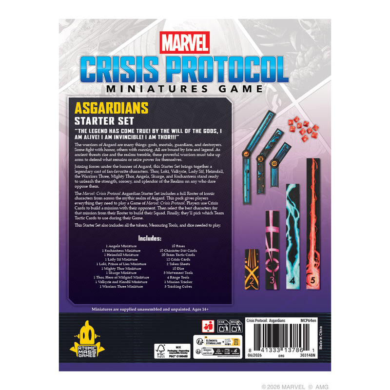 Load image into Gallery viewer, Marvel: Crisis Protocol – Asgardians Starter Set - back of box with overview, contents list, and images of rang tools and dice. 

