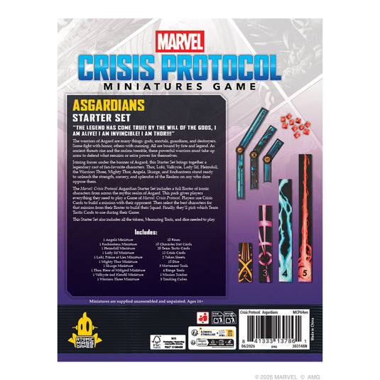 Marvel: Crisis Protocol – Asgardians Starter Set - back of box with overview, contents list, and images of rang tools and dice. 