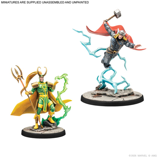Marvel: Crisis Protocol – Asgardians Starter Set - Loki and Thor miniatures displayed with note that miniatures are supplied unassembled and unpainted.