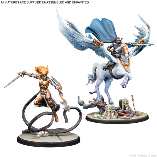 Marvel: Crisis Protocol – Asgardians Starter Set - Angela and Valkyrie miniatures displayed with note that miniatures are supplied unassembled and unpainted.