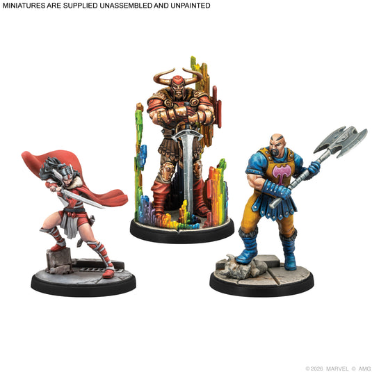 Marvel: Crisis Protocol – Asgardians Starter Set - Lady Sif, Heimdall, and Skurge miniatures displayed with note that miniatures are supplied unassembled and unpainted.