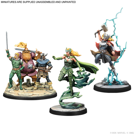 Marvel: Crisis Protocol – Asgardians Starter Set - Enchantress, Warriors Three, and Mighty Thor miniatures displayed with note that miniatures are supplied unassembled and unpainted.