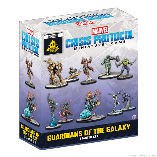 Marvel: Crisis Protocol - Guardians of the Galaxy Starter Set - front of box featuring images of Guardians of the Galaxy character miniatures. 