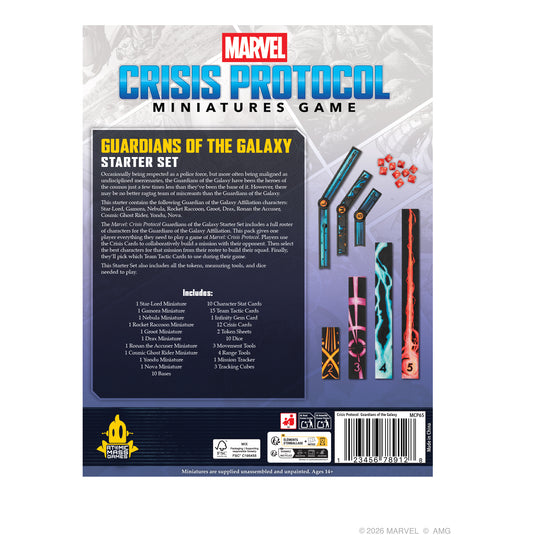Marvel: Crisis Protocol - Guardians of the Galaxy Starter Set - back of box with overview, contents list, and images of measurement rulers and dice. 