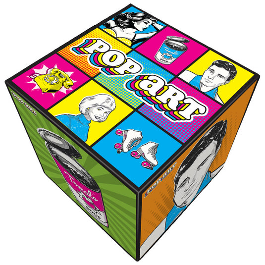 Pop Art Board Game - Top of box with squares featuring images of different pop art pieces. 
