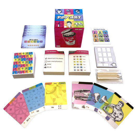 Pop Art Card Game - Box and components shown including score sheets, and game cards with different pop art images and colors. 
