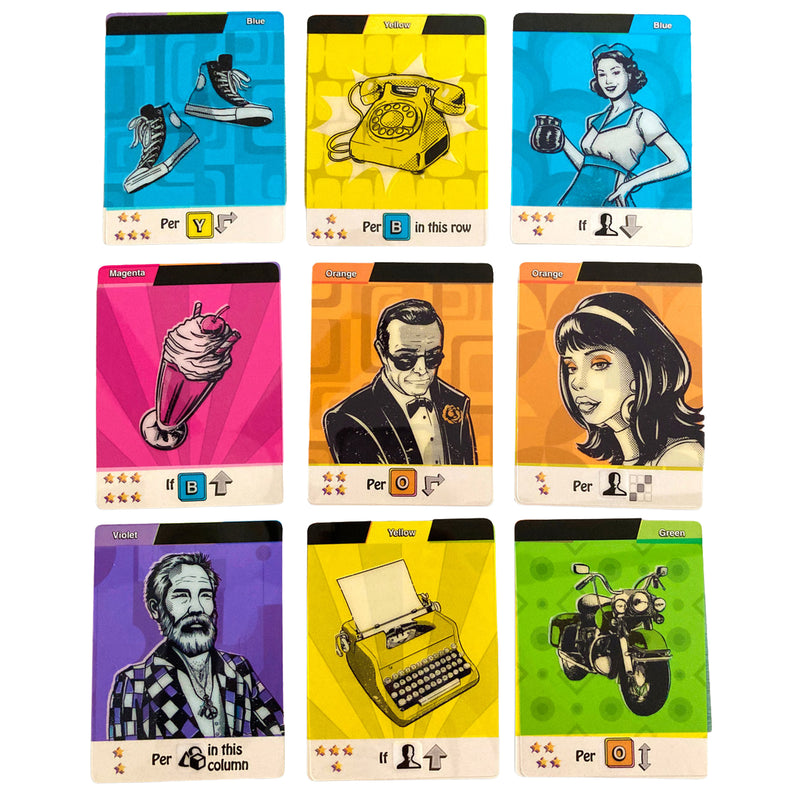 Load image into Gallery viewer, Pop Art Card Game - 9 sample pop art cards shown, each card featuring a pop art image in blue, yellow, purple, green, and orange. 
