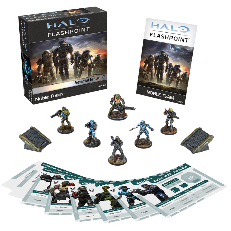 Load image into Gallery viewer, Halo: Flashpoint - Noble Team Expansion - box and sample components shown including rulebook, miniatures, and character cards.
